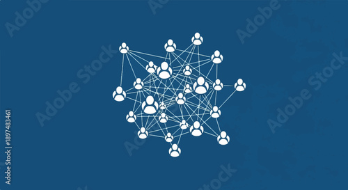 White human icons interconnected in a complex network structure on a blue textured background