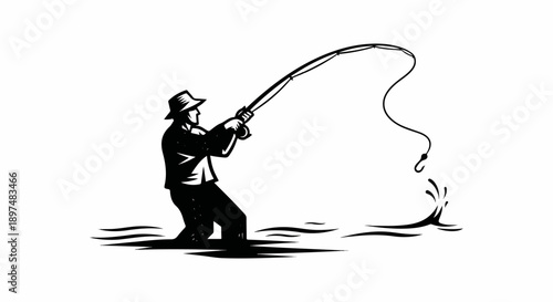 Fisherman reeling in a catch, rod bent, hook splashing water, isolated