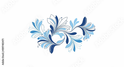 Abstract blue floral vine design with leaves and thin tendrils