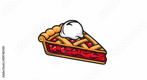 A slice of cherry pie topped with a scoop of white ice cream on a white background