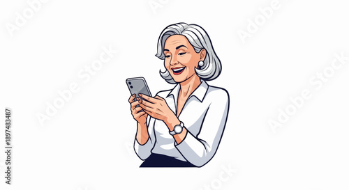 Happy older woman with short gray hair, wearing a white shirt, looking at her phone and smiling