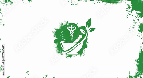 Green mortar and pestle with caduceus and leaf emblem on textured background