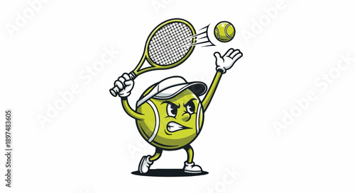 Cartoon tennis ball character playing tennis, serving a ball with a racket