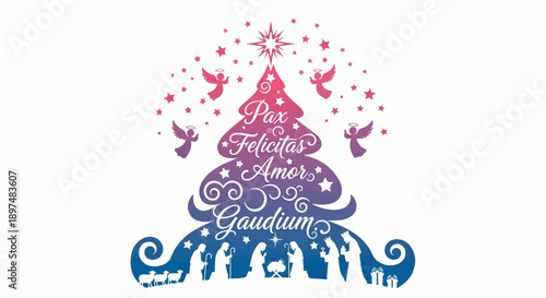 Christmas nativity scene with angelic figures and festive greetings in a stylized tree shape