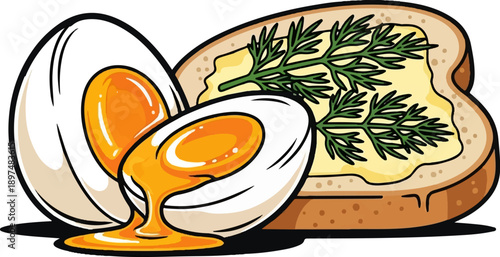 A simple illustration of a soft-boiled egg with dripping yolk next to a slice of toast with butter and dill