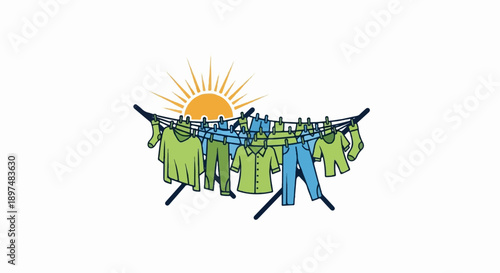 Clean clothes drying on a line under a bright sun