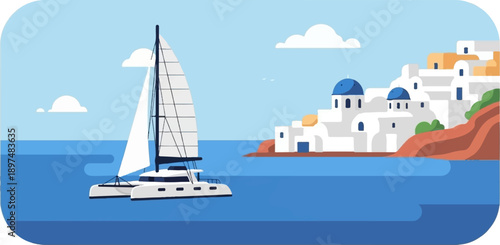 White catamaran sails on blue sea near Greek island buildings