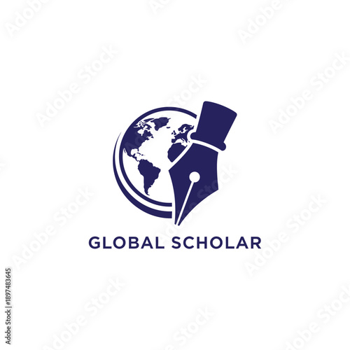 Fountain pen nib icon with world globe silhouette logo for international education and university academic publishing named Global Scholar
