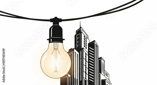 Incandescent bulb illuminates stylized cityscape skyline