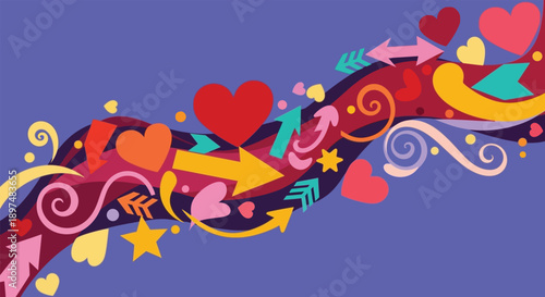 A vibrant and colorful illustration of hearts, arrows, and stars on a purple background