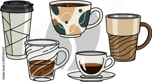 Assortment of coffee cups and travel mug featuring varied designs and colors
