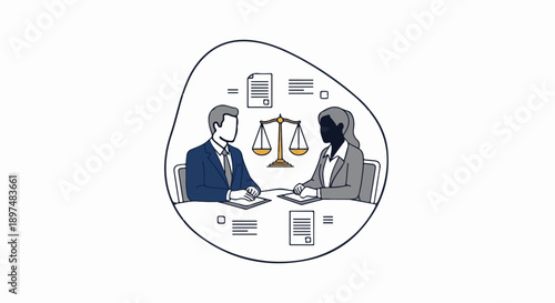 Two professionals discuss legal matters with a scale of justice and documents on a table