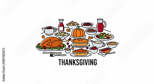 A bountiful Thanksgiving feast with turkey, pies, and assorted dishes