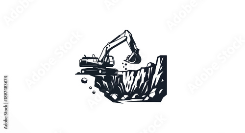Excavator digging into a cliff face with debris falling