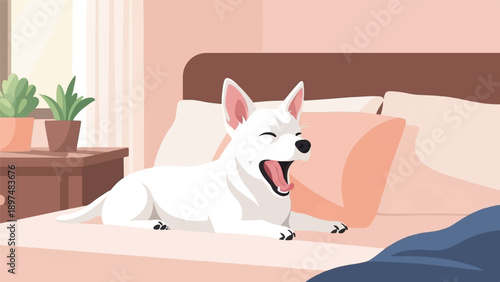 White dog yawning on a bed with plants on a nightstand