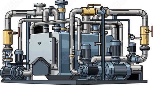 Industrial pump system with intricate piping, valves, and motors