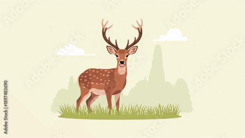 Whitetail deer with antlers stands in a grassy field with clouds
