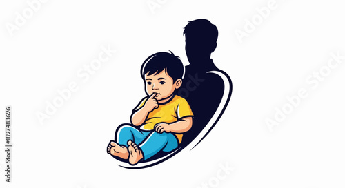 A child sits with finger to mouth, shadowed by an adult figure