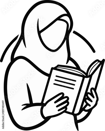 Simple outline illustration of a person in a headscarf reading an open book