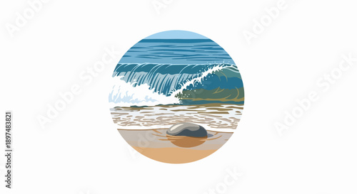 A pixelated ocean wave crashes onto a sandy shore with a single stone