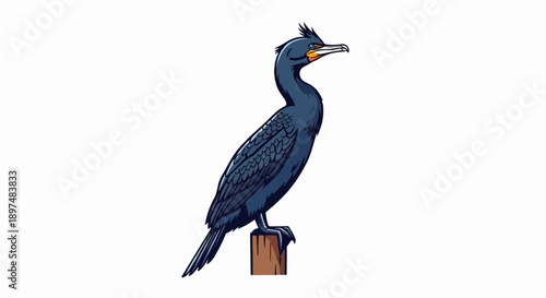 A detailed, stylized illustration of a dark blue seabird with yellow and orange accents, perched on a wooden post