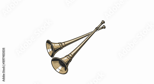 Two ornate golden horns are crossed against a white background