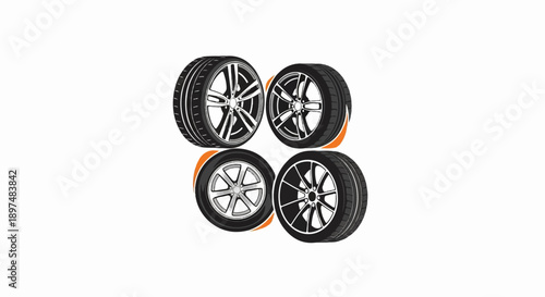 Four diverse vehicle wheels, two with orange accents, displayed against a white background