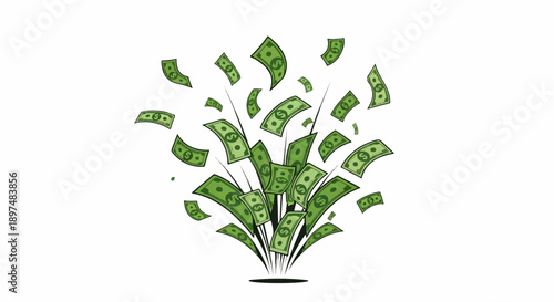 A burst of scattered green banknotes erupts from a central point against a white background