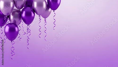 Purple balloons with ribbons on a purple background