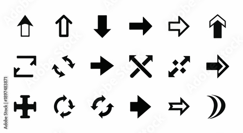 Collection of various black arrow icons representing direction and movement