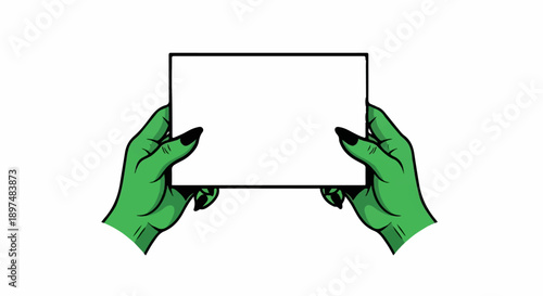 Green, clawed hands hold a blank, white sign horizontally against a white background