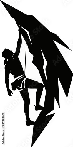 Silhouette of a person scaling a sharp, jagged rock face with a rope