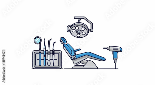 Dental chair, examination tools, surgical light, and drill for oral care