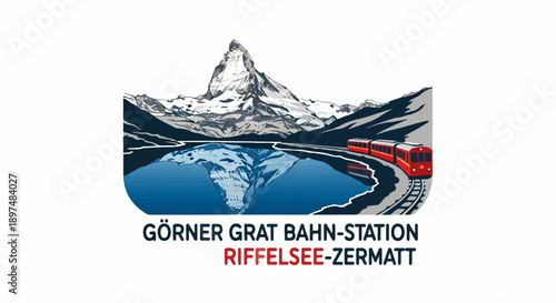 Iconic peak reflected in a blue lake, with a red train on tracks curving by the water's edge