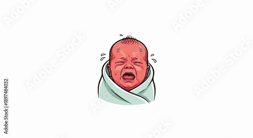 A red-faced, crying baby is wrapped in a light blue swaddling cloth, sweating