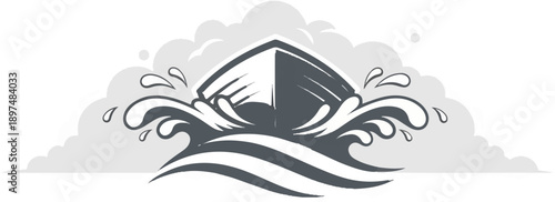 Stylized boat bow cutting through dramatic waves under a cloudy sky