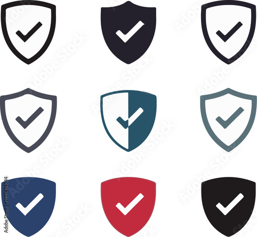 Collection of nine shield icons with checkmarks in various colors