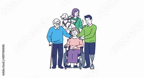 Diverse group with a woman in a wheelchair, an elder with a cane, a man with a prosthetic, and a helper dog
