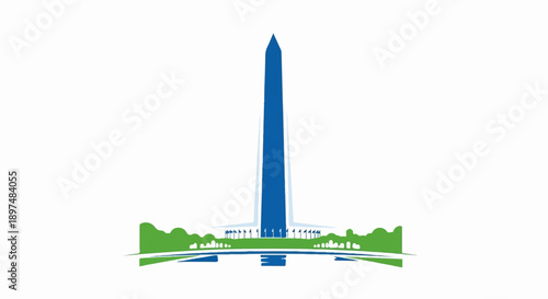 A stylized monument with a reflective pool and green landscape