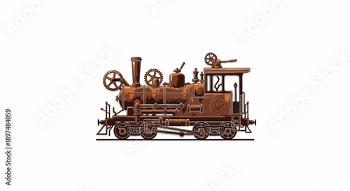 Detailed copper steampunk locomotive with intricate gears and wheels