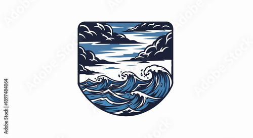 A stylized crest depicts turbulent blue ocean waves crashing under a stormy sky