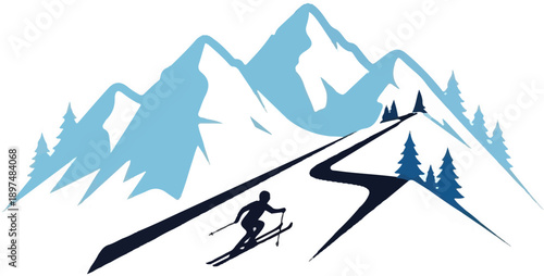 A skier descends a mountain slope past stylized trees under jagged, snow-capped peaks