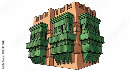 A stylized corner of a building with protruding wooden balconies, painted green, featuring intricate lattice work