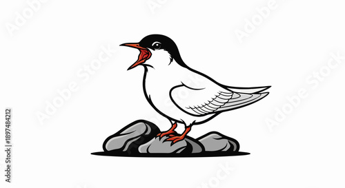 Cartoon bird with beak open, perched on rocks