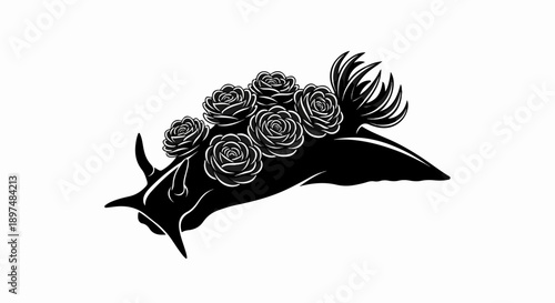 A silhouette of a rhinoceros head adorned with stylized roses and a feathery plume
