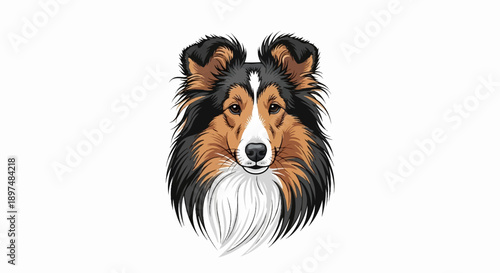 Fluffy tri-colored canine face, detailed illustration, with piercing brown eyes and prominent fur
