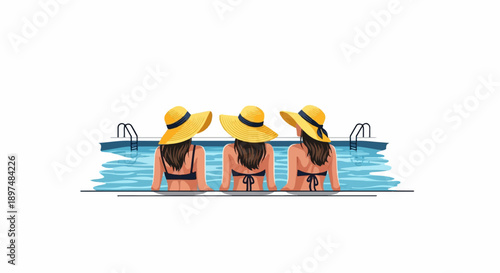 Three women in swimwear and sun hats relax in a pool