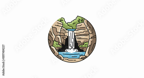 A stylized circular depiction of a waterfall cascading over rocky cliffs