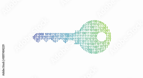 A digital key, formed by binary code transitioning from blue to green, against a white background