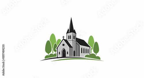 A stylized graphic of a church with a steeple, surrounded by green trees and bushes